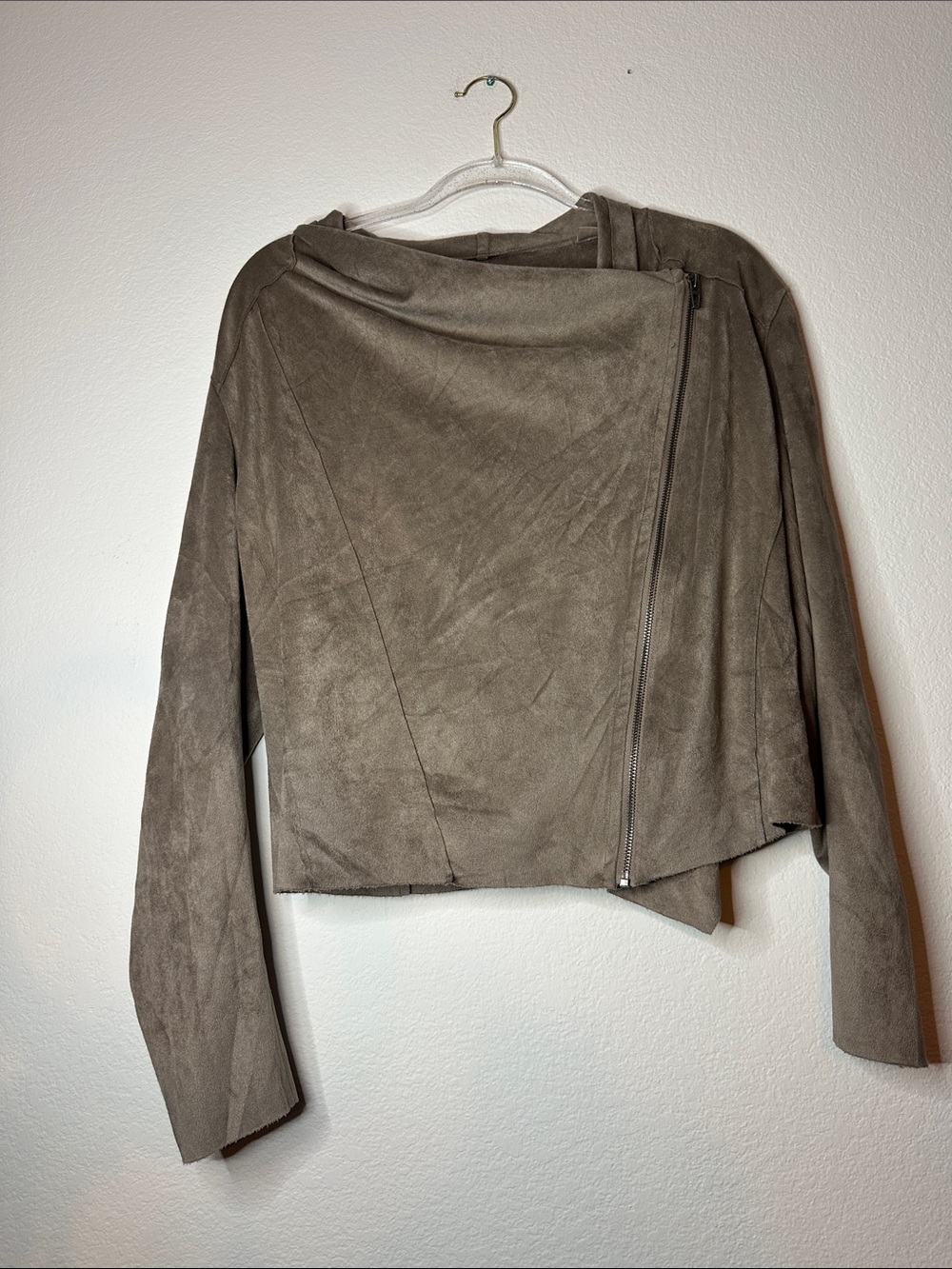 Asymmetric Taupe Suede-Look Leather Jacket for Women